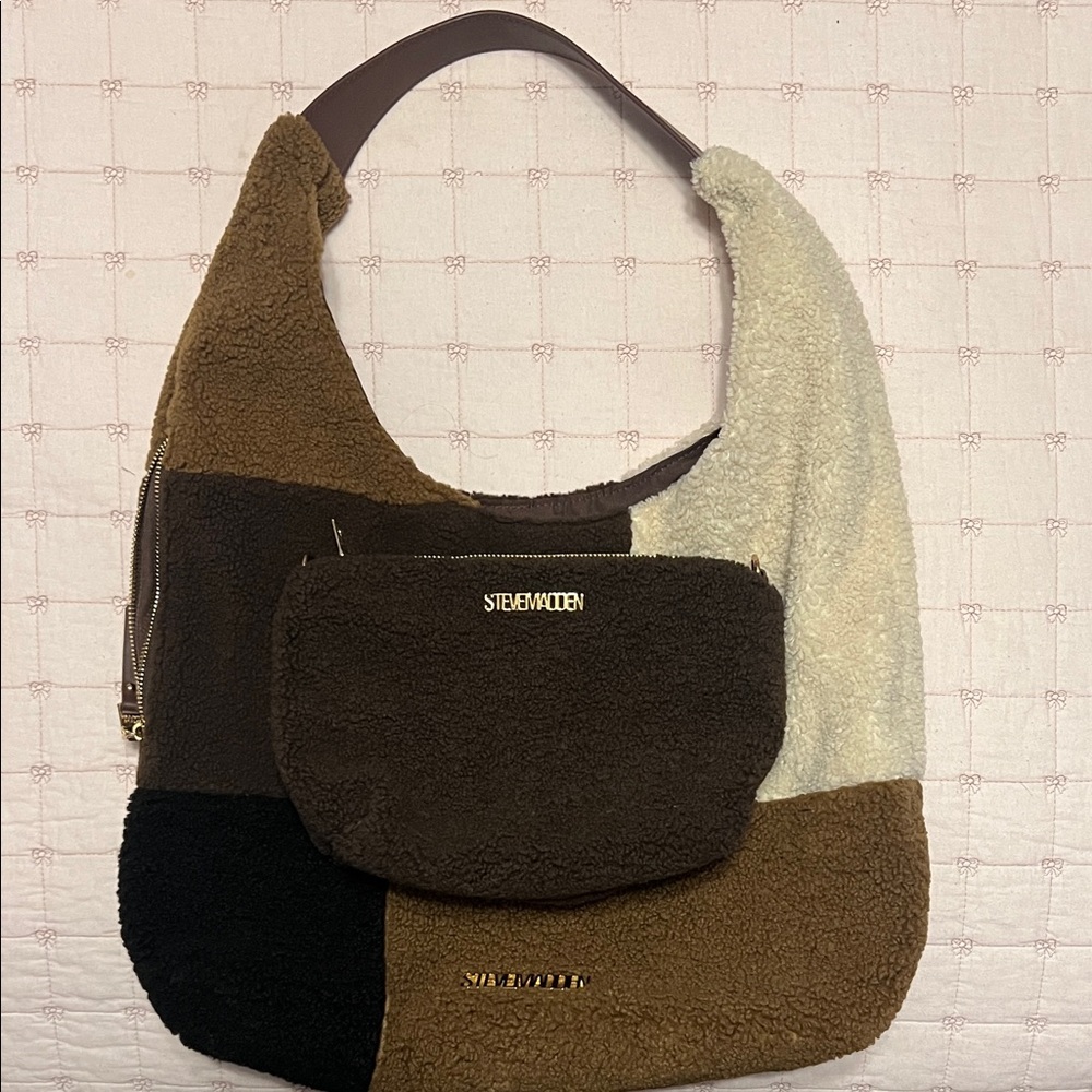 Steve Madden Brown and Cream Patchwork Hobo Bag